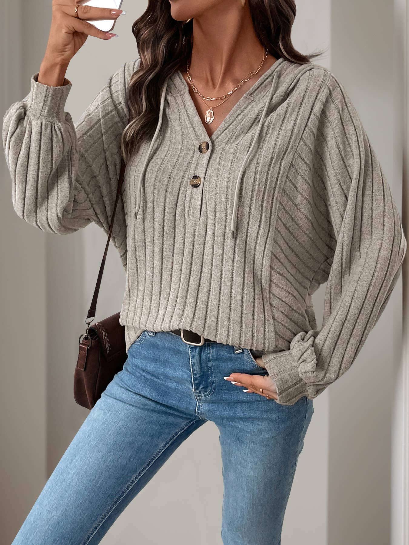 Casual striped hooded solid-color knitted top