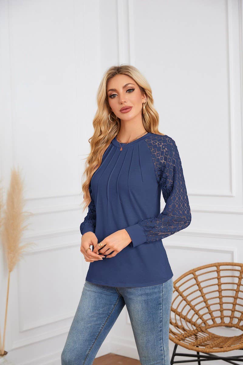 CWTBLL4096_LACE PANEL ROUND NECK PLEATED LONG SLEEVE TOP