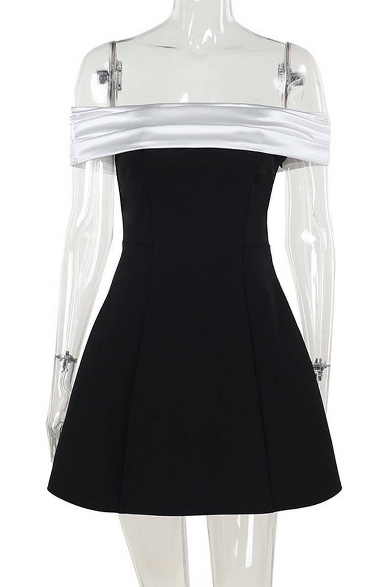 CWDTD0396_TEMPERAMENT SLIM OFFSHOULDER CONTRAST COLOR DRESS