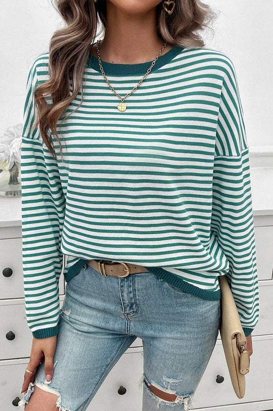 CWOSWL2129_CASUAL ROUND NECK STRIPED KNITTED SWEATER