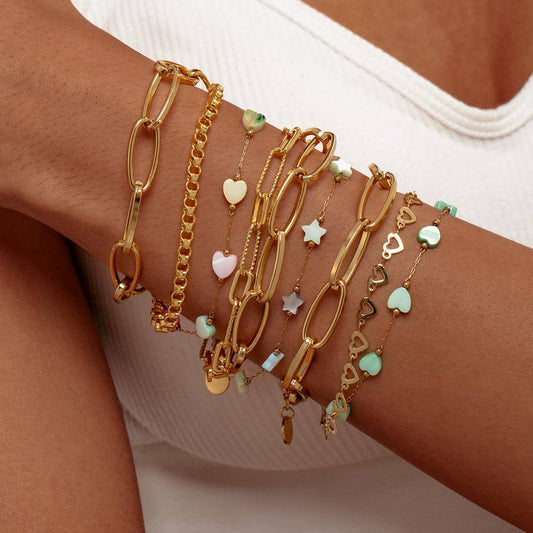 PAPERCLIP CHAIN MULTI-LAYERED HEART SHELL BRACELET_CWMM3734