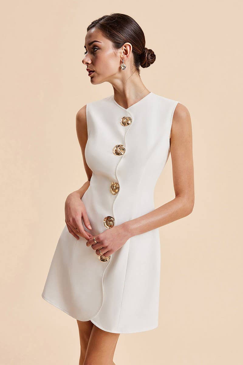 CWDSD8896_SLEEVELESS CREW NECK BUTTON FRONT MINI DRESS