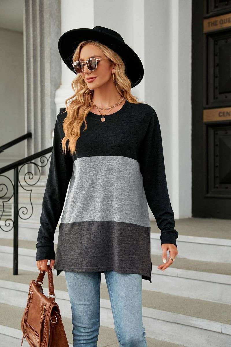 CWTBLL2411_SOLID COLOR ROUND NECK CONTRAST STITCHING T-SHIRT