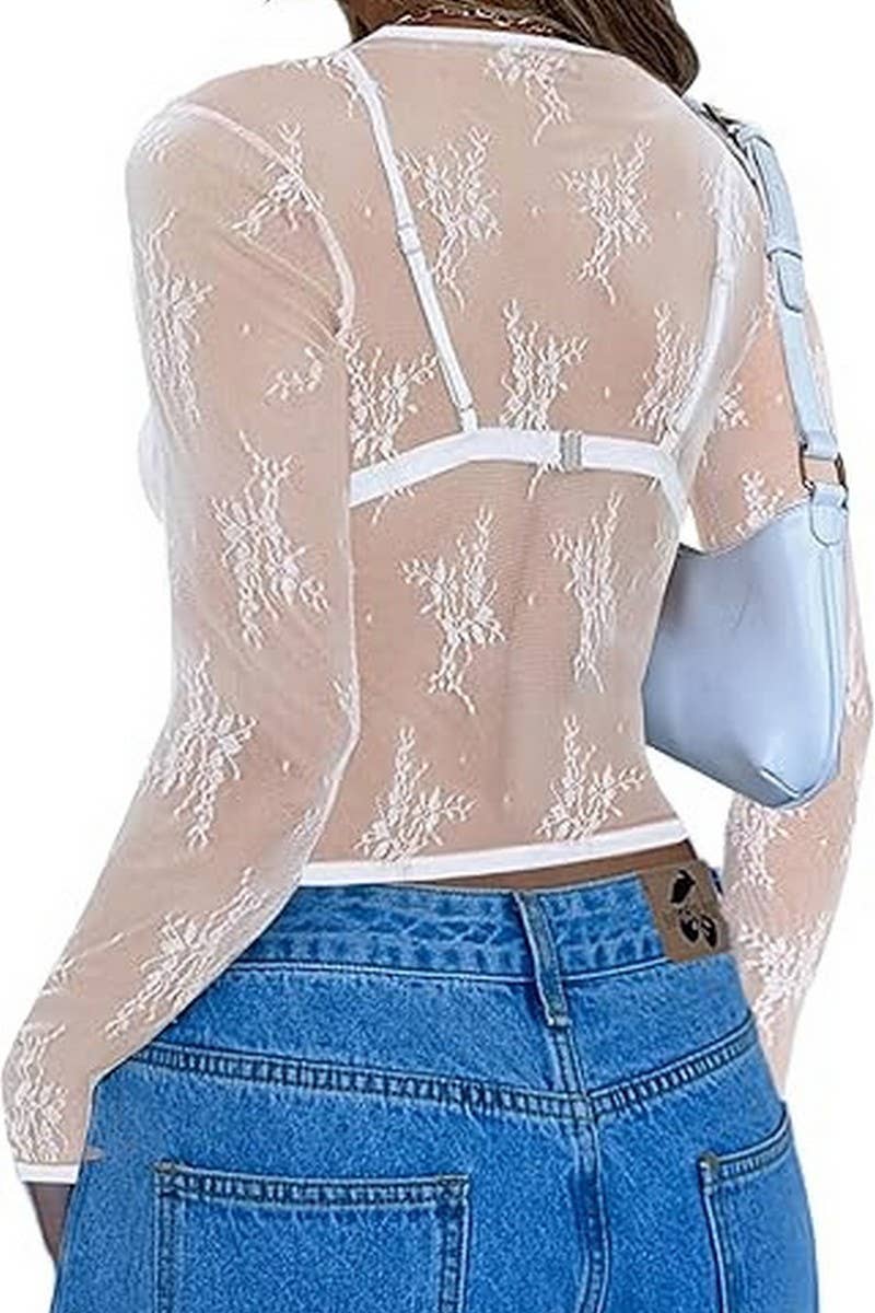 CWTBLL3950_SHEER LACE LONG SLEEVE SLIM FIT MESH TOP