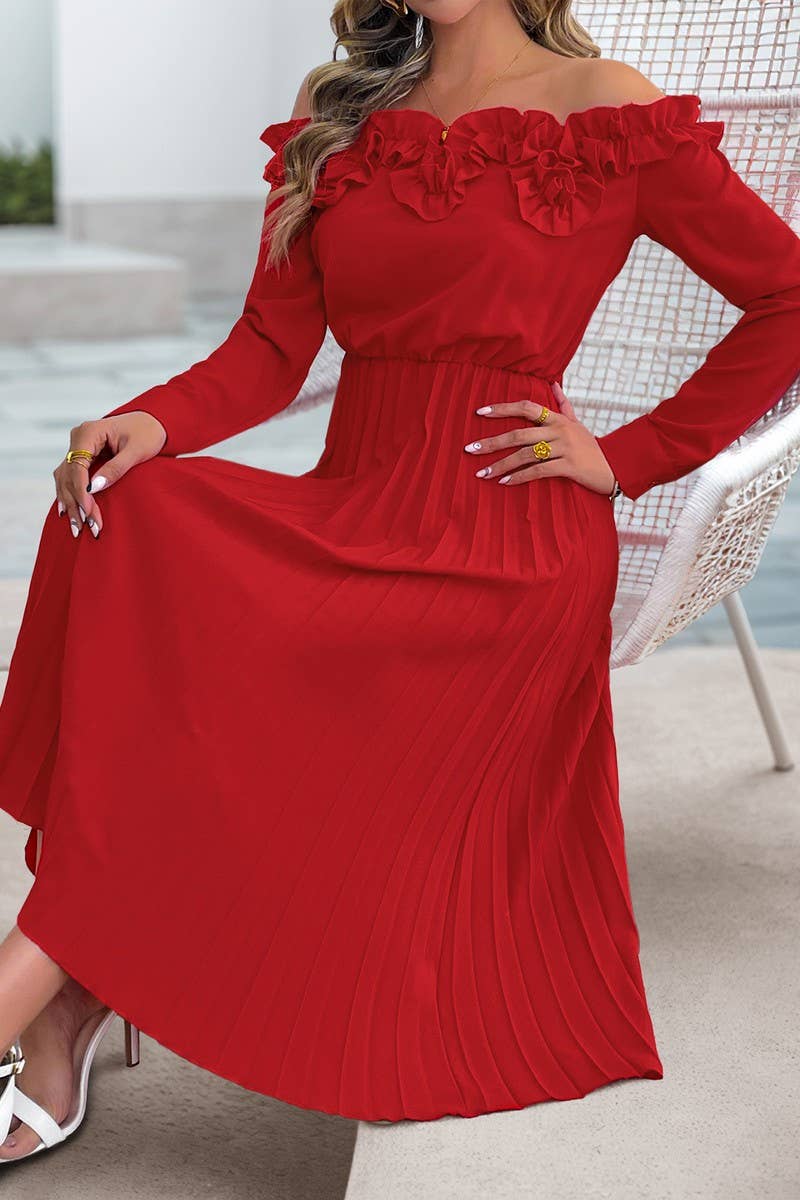 CWDMD6284_SOLID COLOR OFF-SHOULDER LONG SLEEVE DRESS
