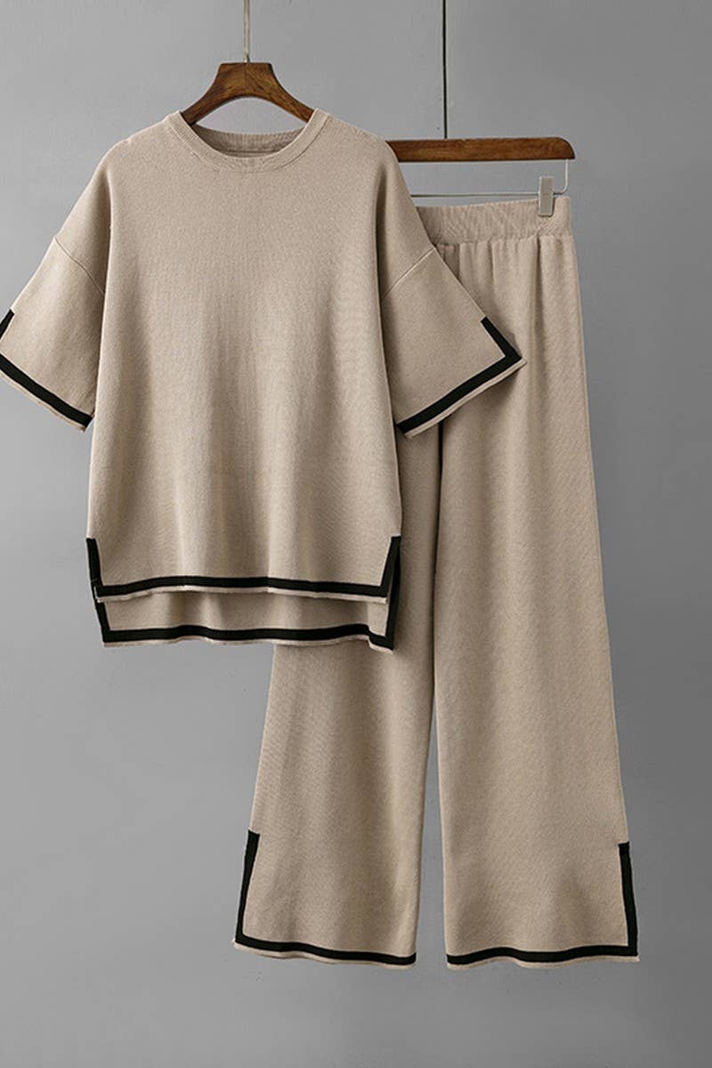 CWSTB00422_COLORBLOCK KNIT TOP & HIGH WAIST WIDE LEG SET