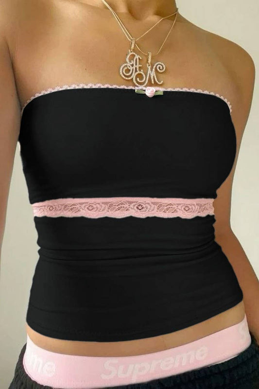 CWTTT0036_CONTRAST LACE PATCHWORK FITTED TUBE TOP