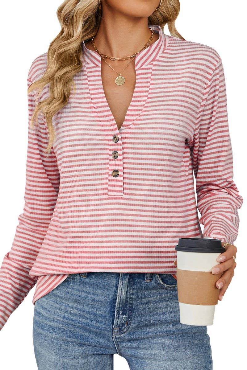 CWTBLL1838_V-NECK BUTTON-DOWN STRIPED CASUAL T-SHIRT TOP