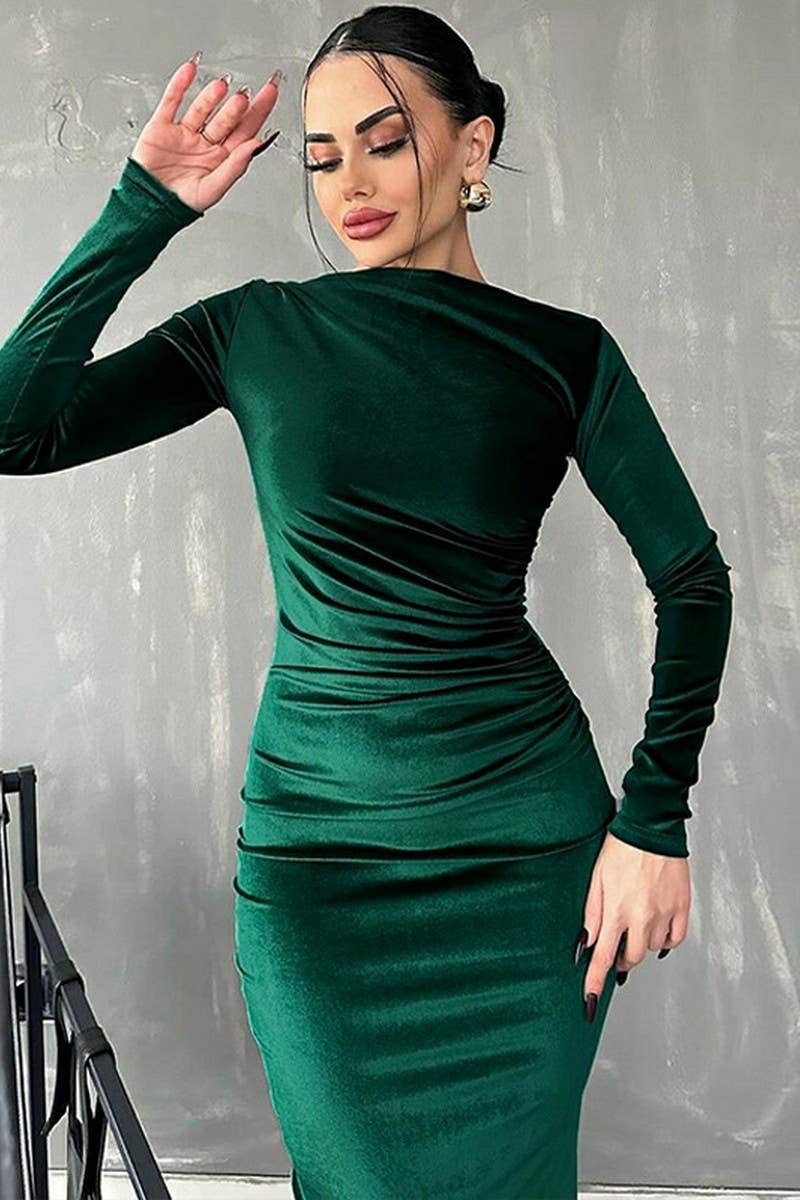CWDMD4098_SLIM FIT PLEATED LONG SLEEVE TUXEDO DRESS