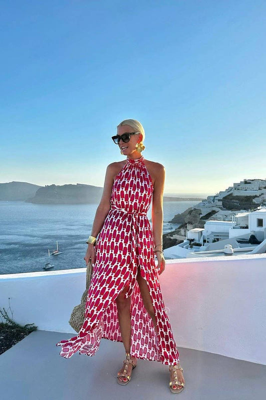 CWDMD5900_NEW PRINT HALTER NECK SLIT HEM LONG DRESS