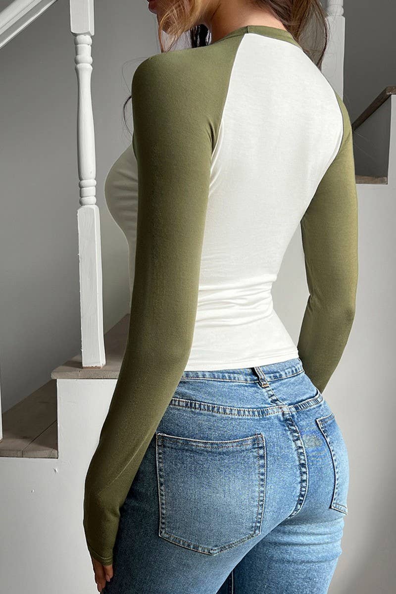 CWTTL2026_SEXY ROUND NECK CONTRAST COLOR LONG SLEEVE T-SHIRT