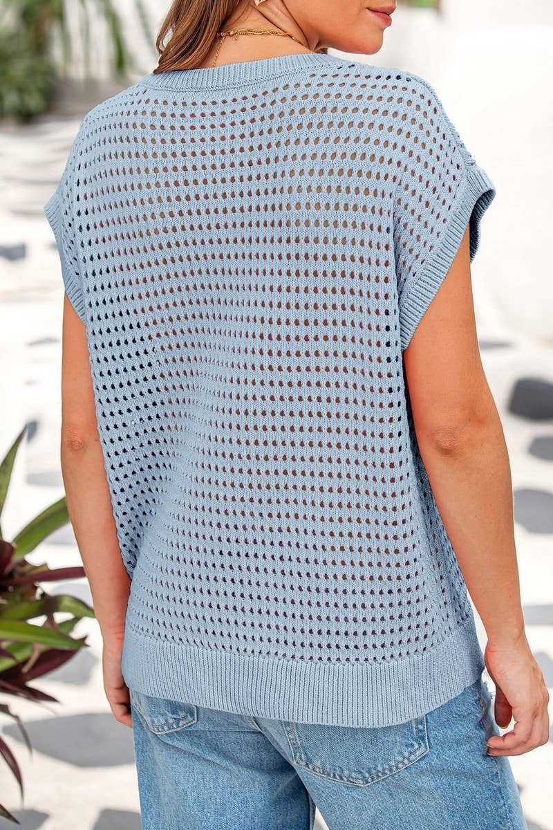 CWTTS1365_SUMMER HOLLOW SUN PROTECTION KNITTED TOP