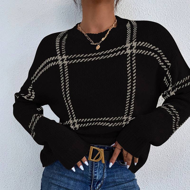 Checkered color-blocked round-neck sweater