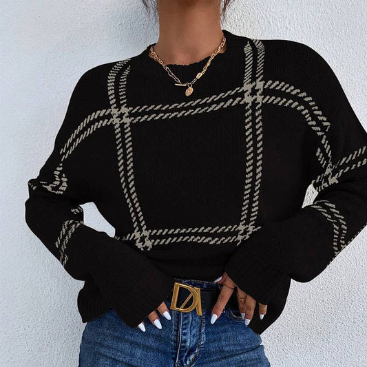 Checkered color-blocked round-neck sweater