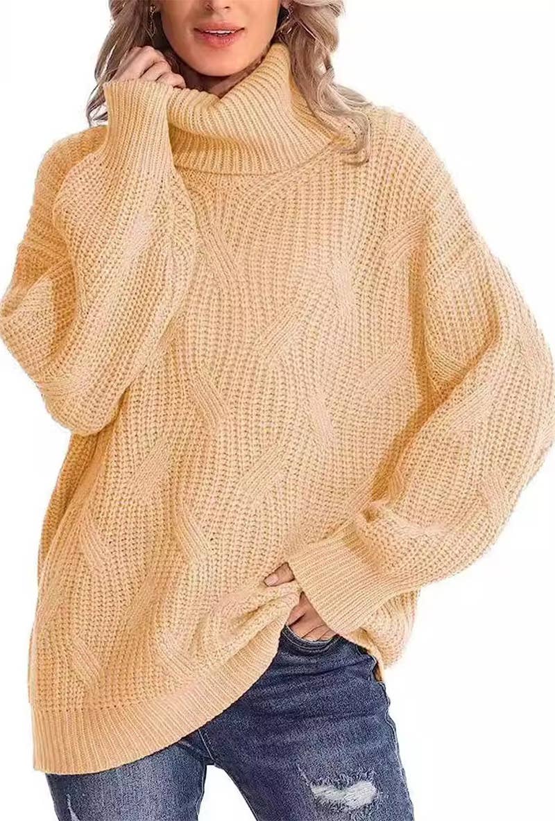 CWOSWL6804_NEW LOOSE HIGH COLLAR CABLE KNIT PULLOVER SWEATER