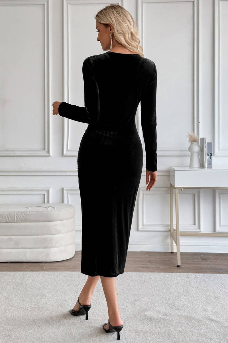 CWDMD01060_SEXY V NECK CROSS WRAP BODYCON MIDI PARTY DRESS