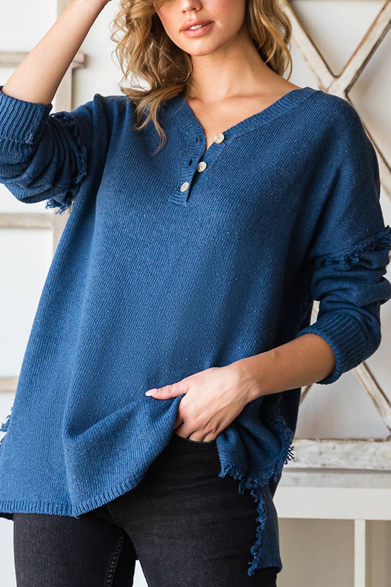 CWOSWL646_BUTTON DOWN FRINGE SHOULDER SWEATER KNIT TOP