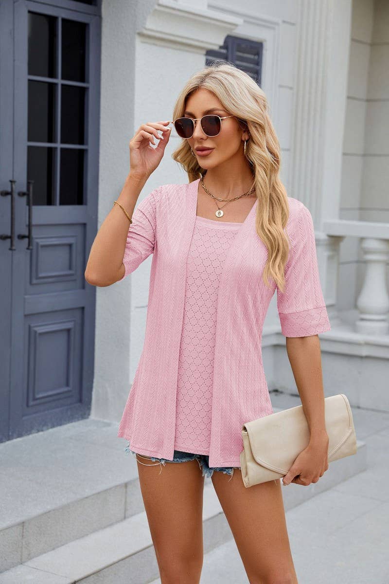 CWTBLS0441_Short Sleeve Tops Fake Two Pieces Pullover Blouse