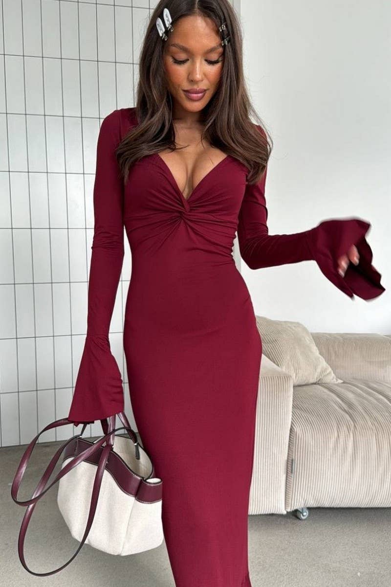 CWDMD01204_V-NECK RUFFLE SLEEVE LONG SLEEVE DRESS