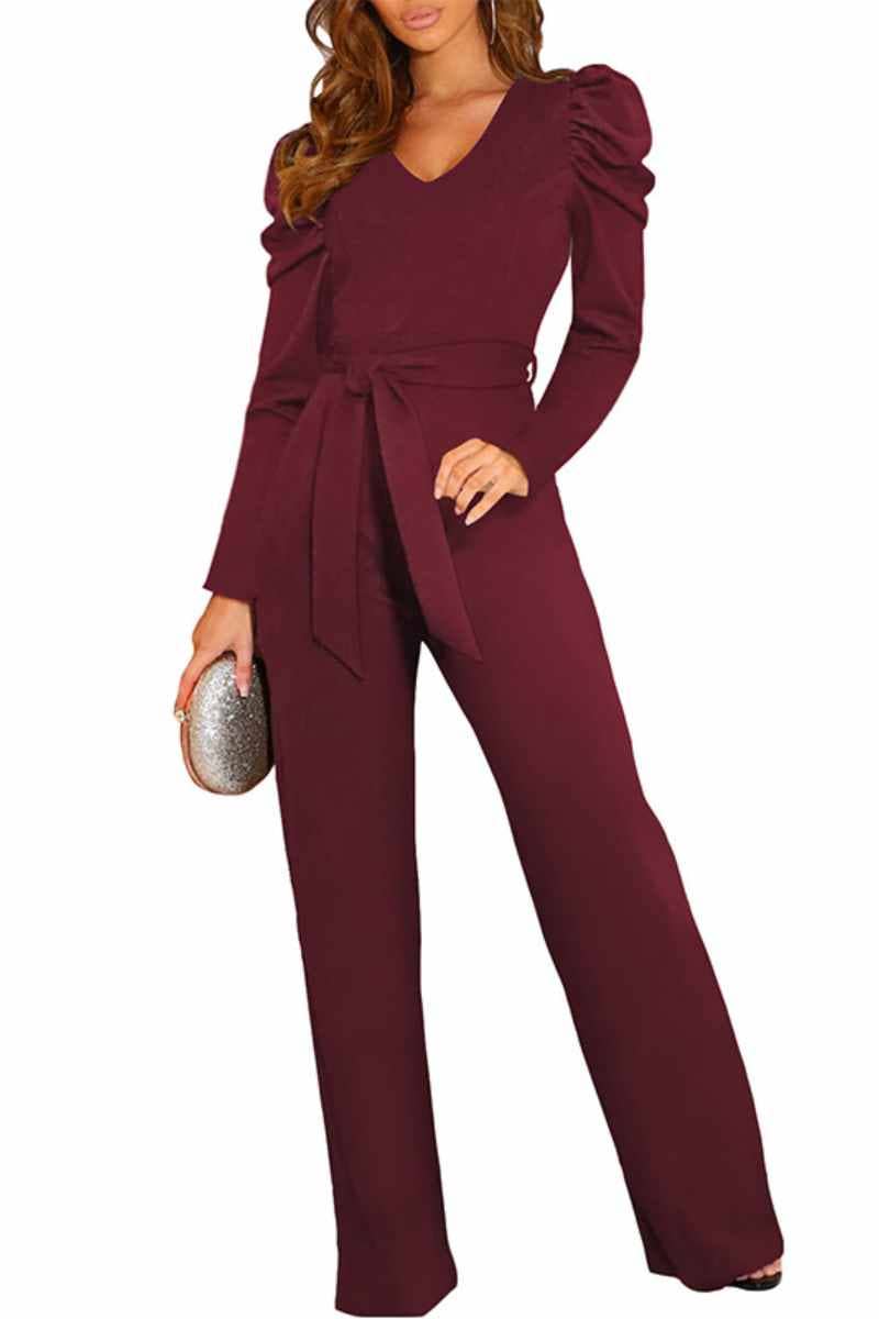 CWSJS1098_V-NECK LONG SLEEVED WAIST ONE-PIECE PANTS