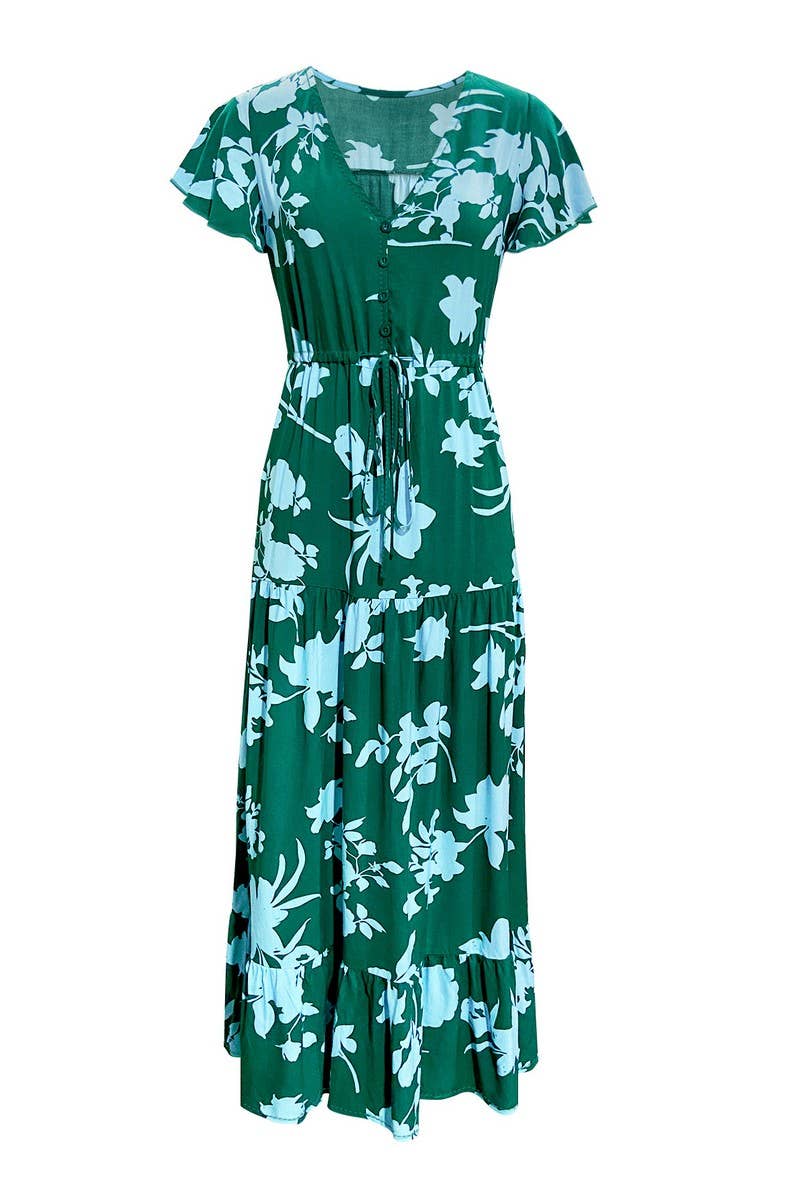 CWDMD2767_V-NECK FLORAL PRINT BUTTON-DOWN LONG DRESS