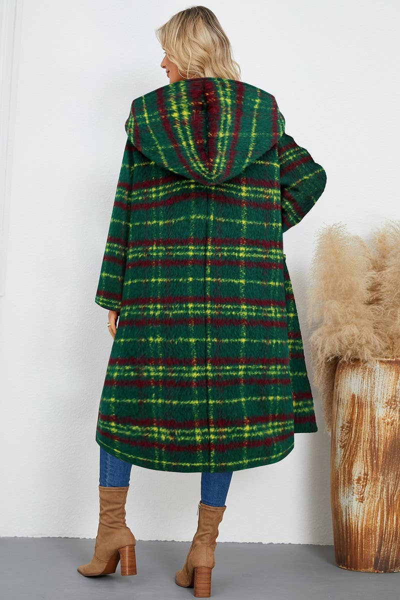 CWOCO0940_HORN BUTTON PLAID HOODED WOOLEN LONG COAT