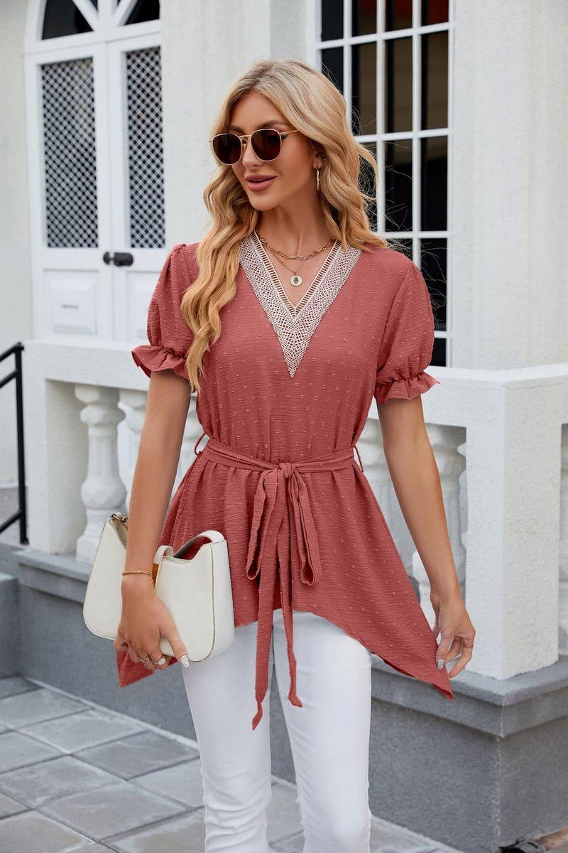 CWTBLS0445_V-Neck Short Sleeve Lace Trim Top