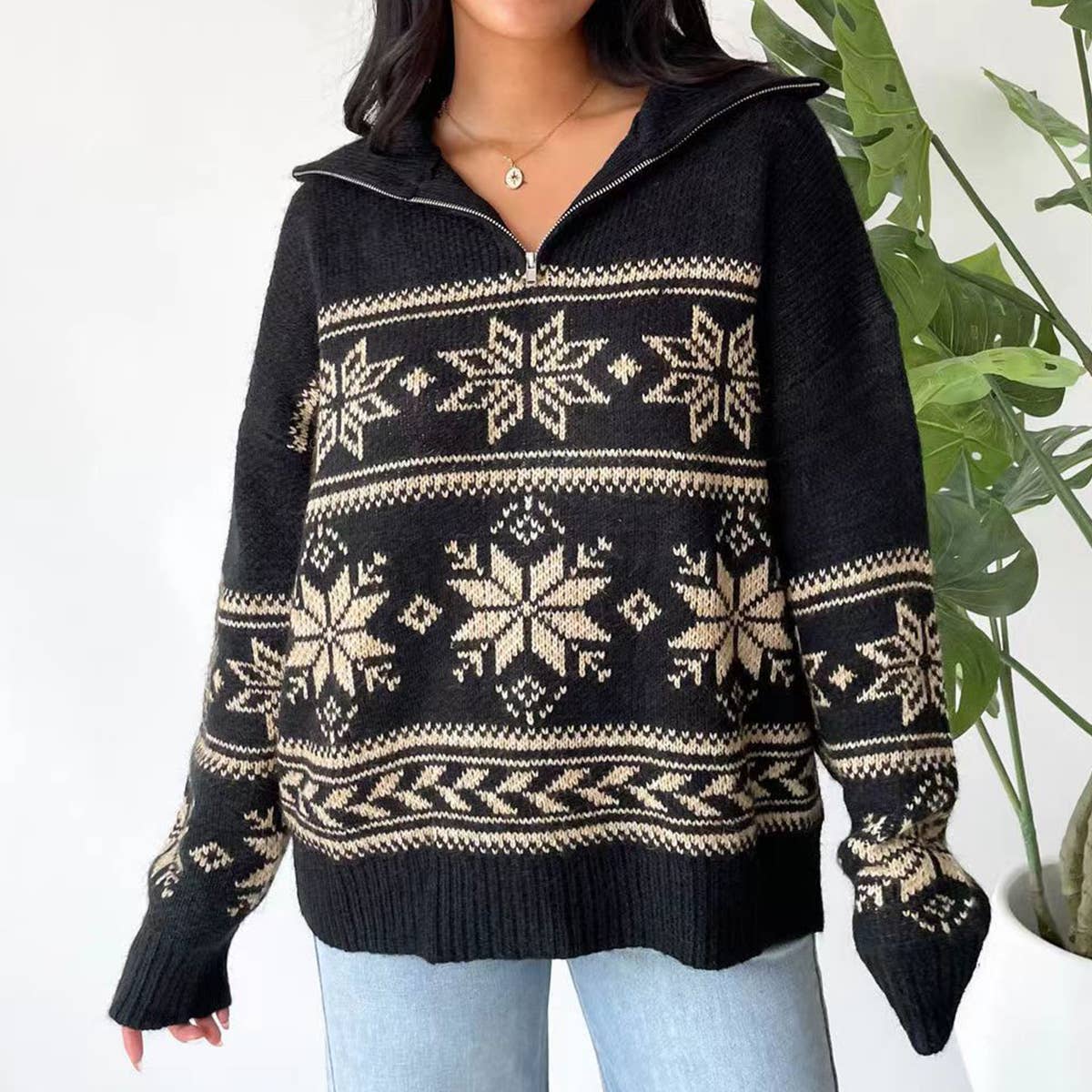 COMFORTABLE JACQUARD ZIPPER LONG-SLEEVED SWEATER