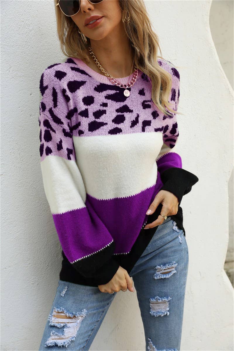 CWOSWL3154_LEOPARD PRINT CREW NECK PULLOVER SWEATER