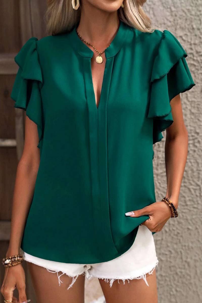 CWTSTS0666_SUMMER V-NECK CASUAL RUFFLE SLEEVE SHIRT