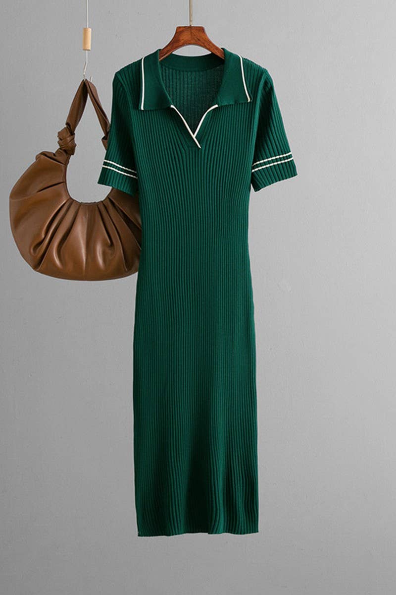 CWDMD01154_SOLID KNIT POLO COLLAR BODYCON MINI DRESS