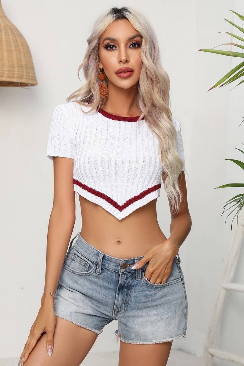 CWOSWS0063_Round Neck Short Sleeve Crop Top Sweater