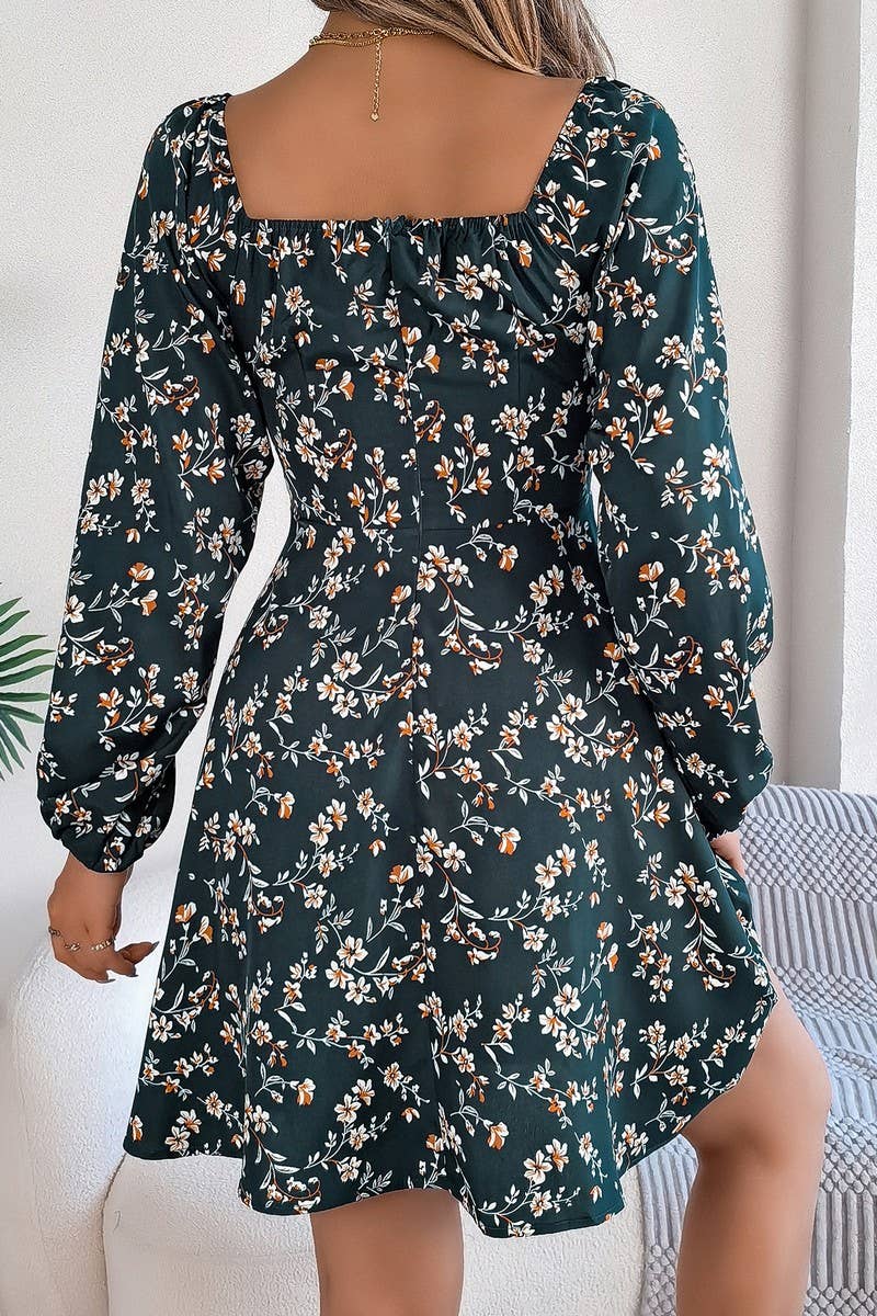 CWDSD7221_CASUAL SQUARE NECK FLORAL LONG SLEEVE A-LINE DRESS