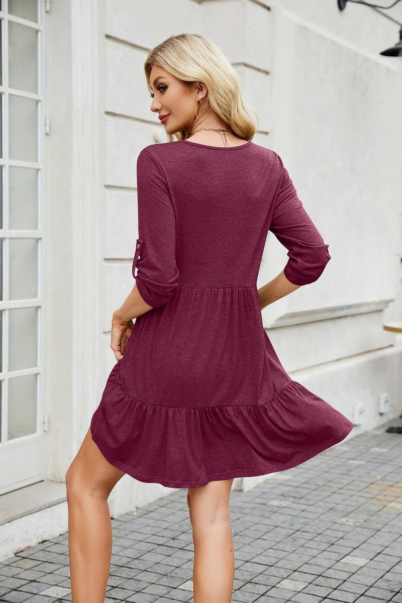 CWDSD8726_SOLID V-NECK BUTTON CASUAL DRESS