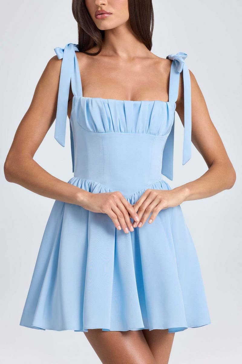 CWDSD8121_SQUARE NECK HIGH WAIST PLEATED BOW SLIP DRESS