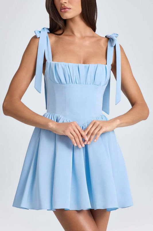 CWDSD8121_SQUARE NECK HIGH WAIST PLEATED BOW SLIP DRESS