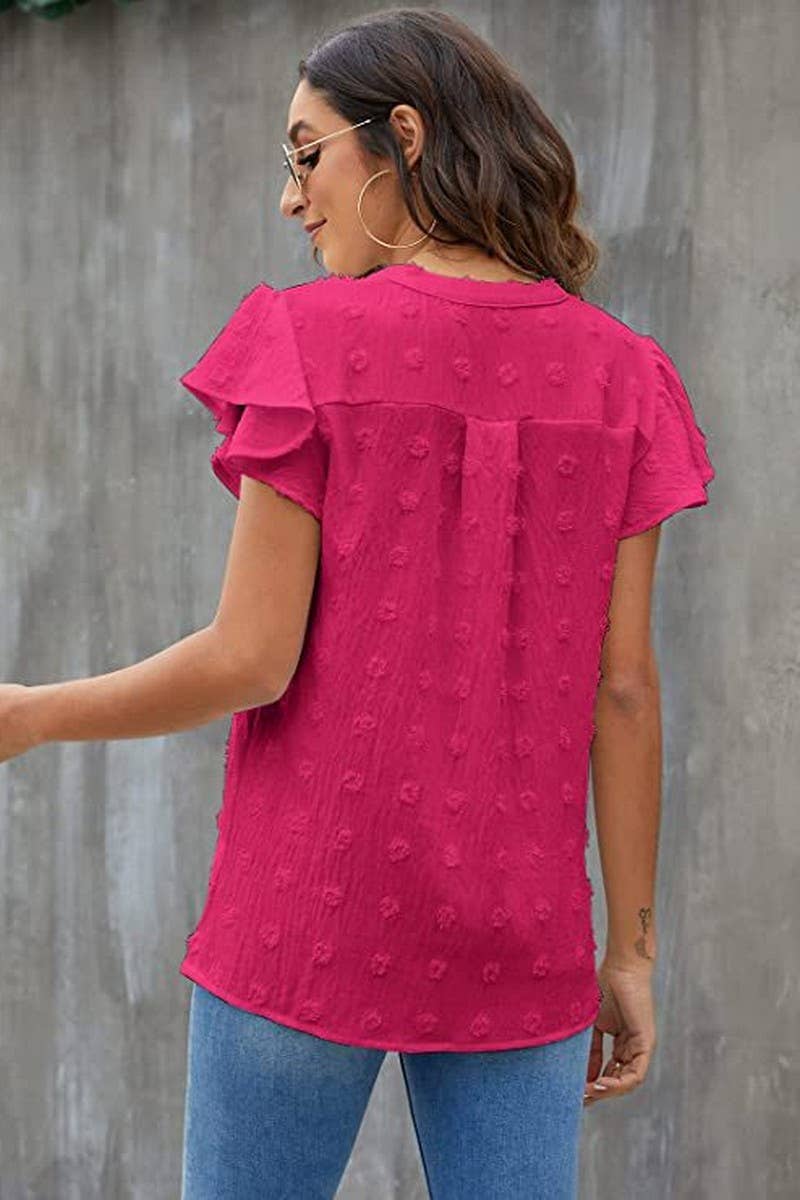 CWTBLS0606_V-NECK RUFFLED SLEEVE CHIFFON SHORT-SLEEVED TOP