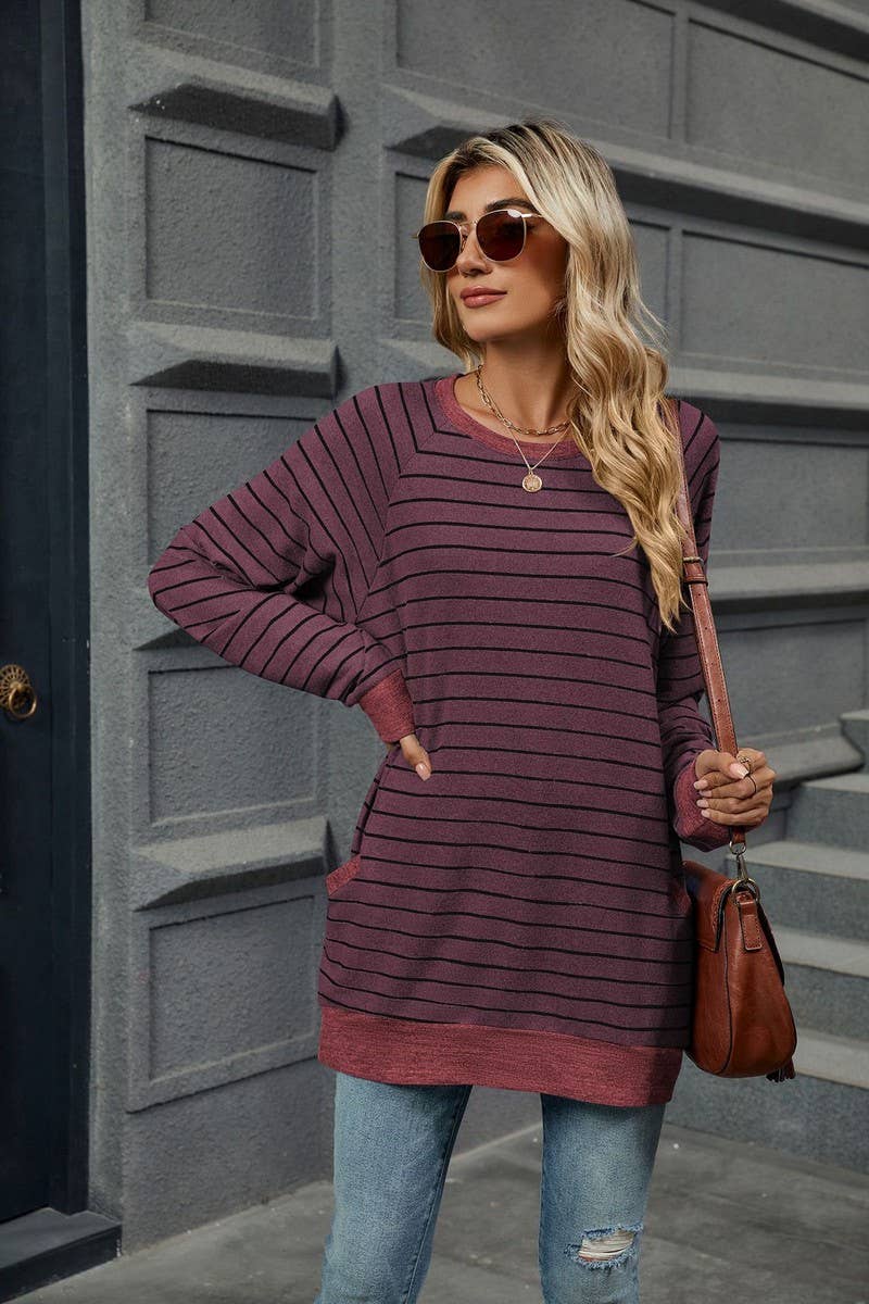 CWTBLL3664_COLOR BLOCKED STRIPED POCKET LOOSE T-SHIRT