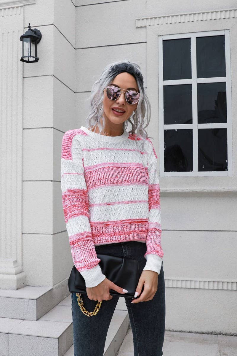 CWOSWL4155_STRIPED SLIT SHORT FRONT AND LONG BACK SWEATER