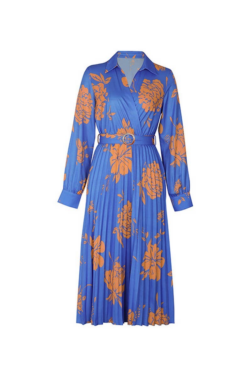 CWDMD3556_BELTED LAPEL PRINTED LONG SLEEVE PLEATED DRESS