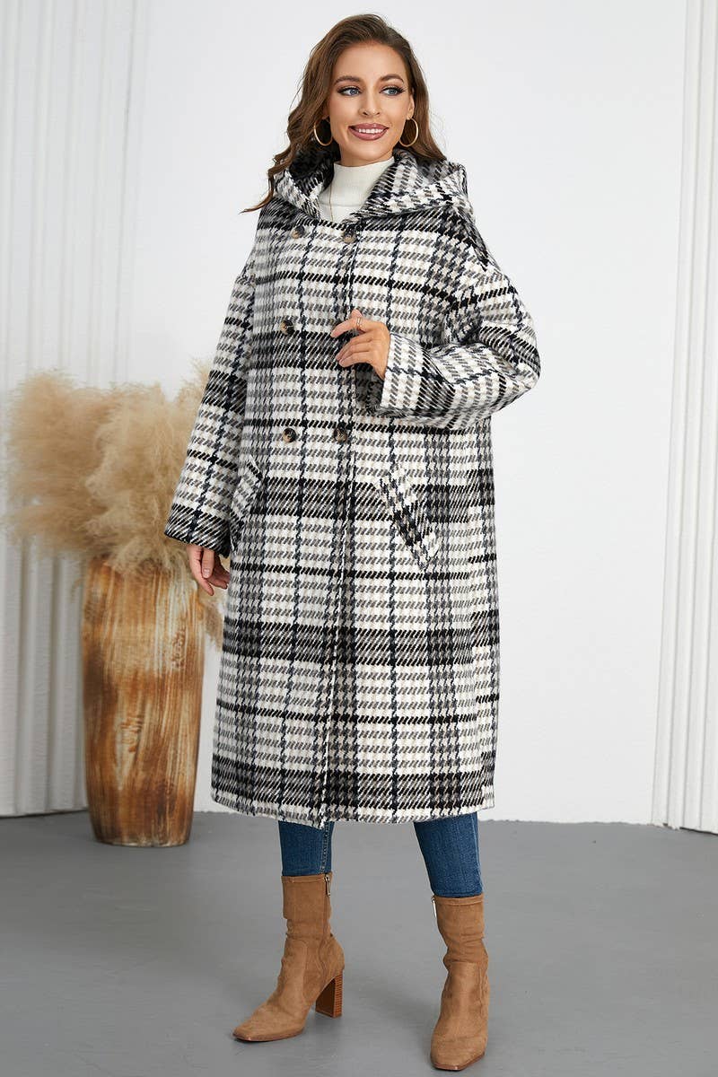 CWOCO0942_DOUBLE-BREASTED PLAID LAPEL LONG HOODED COAT