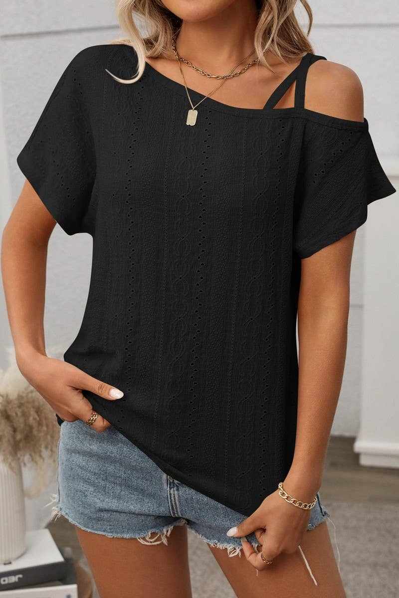 CWTTS1367_SUMMER SOLID COLOR ONE SHOULDER HOLLOW TOP