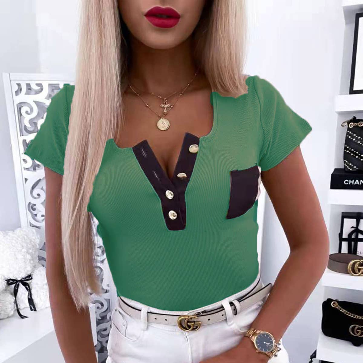 FASHION THREAD SLIM BUTTON T-SHIRT BLOUSE