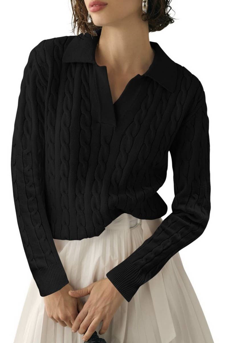 CWOSWL6382_SOLID COLOR LAPEL V-NECK CABLE KNIT PULLOVER