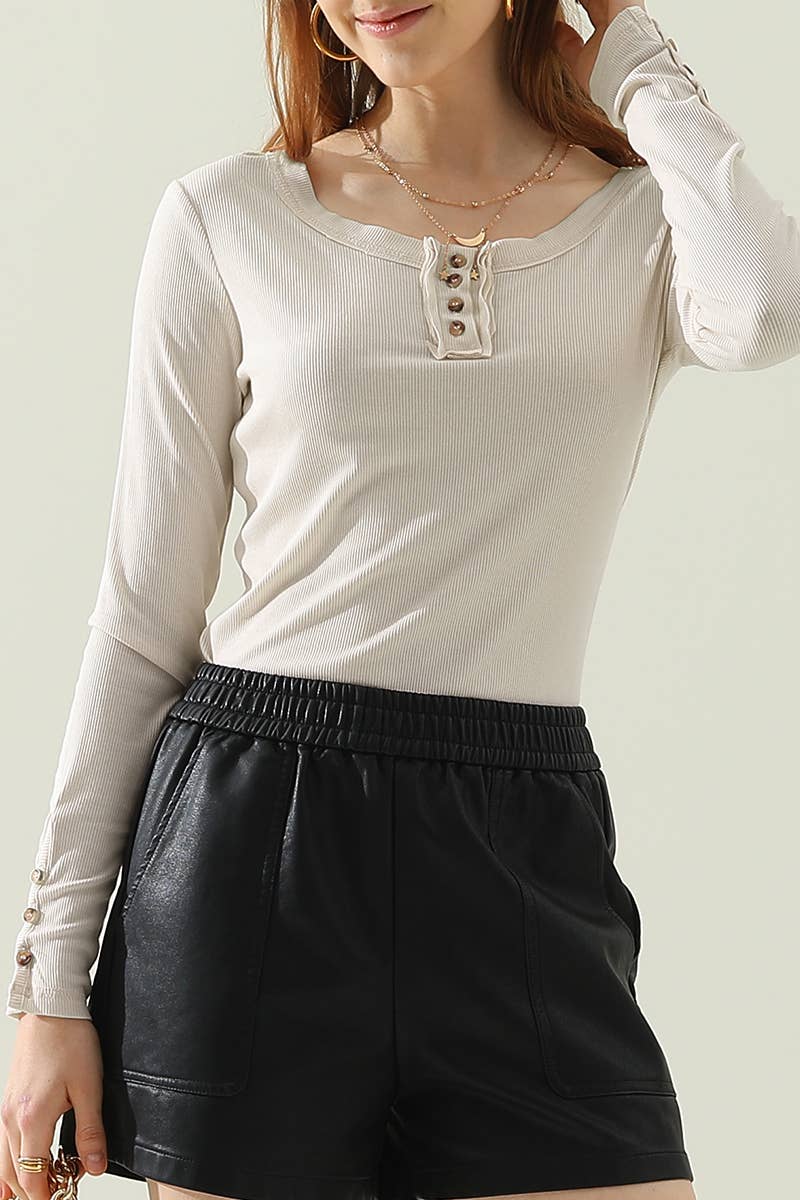 CWTTL1105_LONG SLEEVE ROUND BUTTON NECK T SHIRT TOP