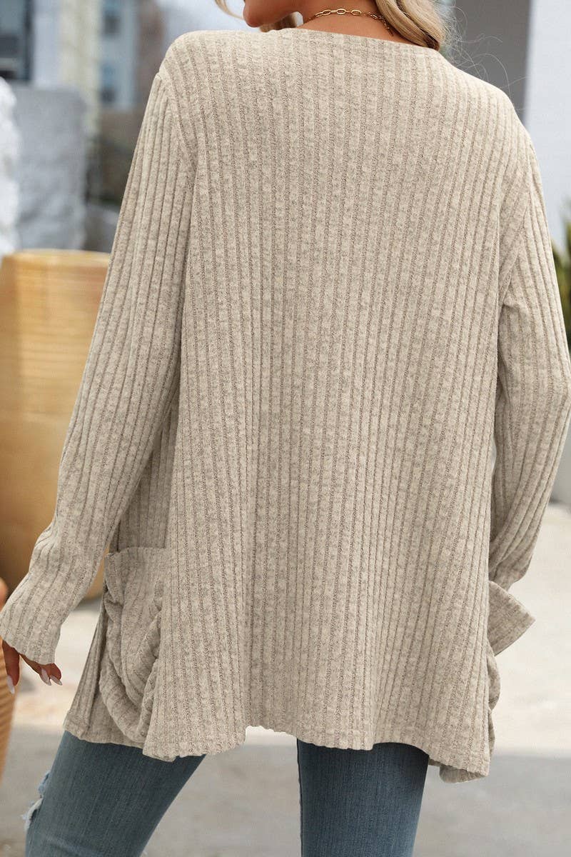 CWOCAL1308_SOLID COLOR RIBBED POCKET LONG SLEEVE CARDIGAN