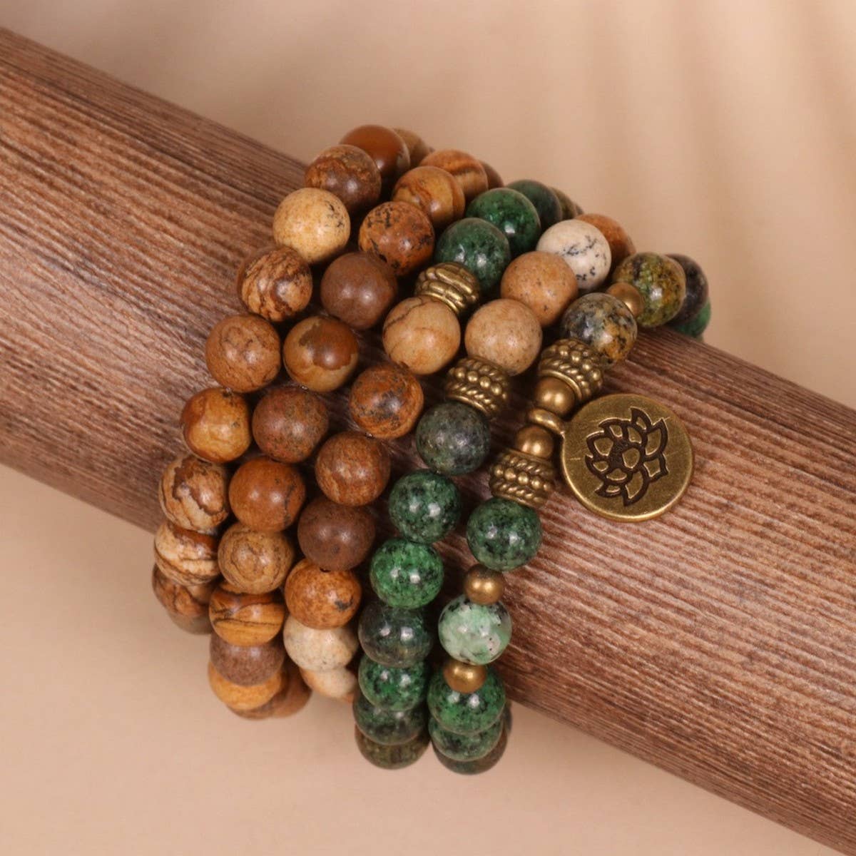 LOTUS PENDANT 108 AFRICAN PINE BEADED BRACELET