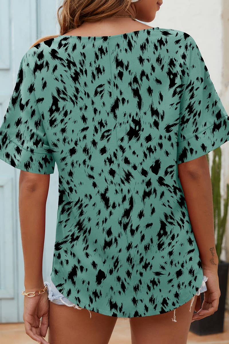 CWTBLS0346_V-Neck Short Sleeve Print Top