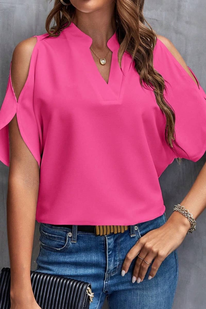 CWTBLS1124_SUMMER V-NECK OFF-THE-SHOULDER SHORT-SLEEVED TOP