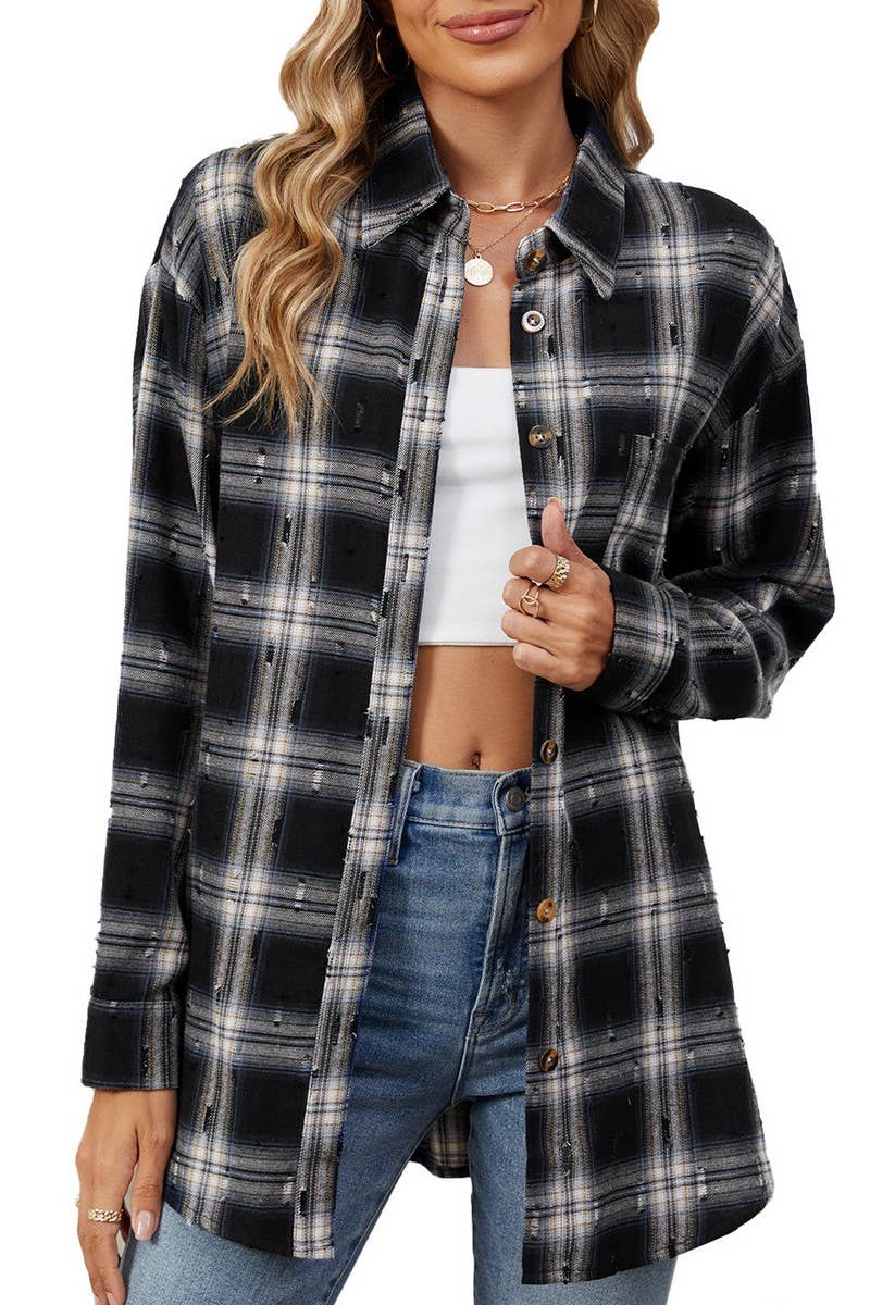 CWTSTL2063_CROCHET LONG-SLEEVED LOOSE LAPEL PLAID SHIRT